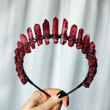 Bloodlust crown with red quartz wire wrapped onto a black headband.