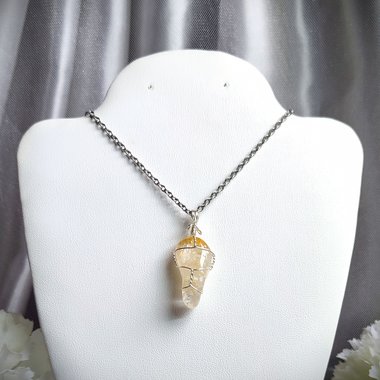Citrine wire wrapped pendant with chain or cord.