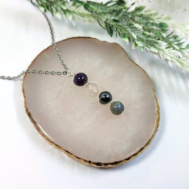 Empath Protection necklace with amethyst, rose quartz, hematite and labradorite beads.