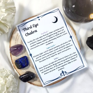 Crystals for the third eye chakra with amethyst, lapis lazuli, iolite and information card.