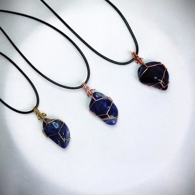 Sodalite wire wrapped pendant in gold, rose gold or copper.
