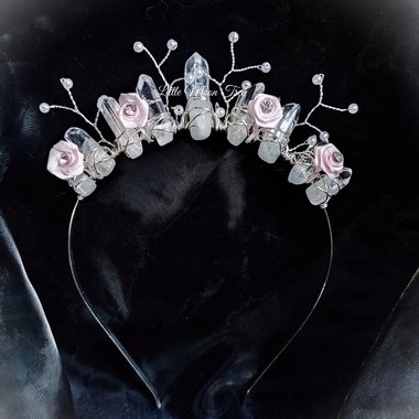 Quartz Fairy crown with clear quartz, pink roses and silver branches.