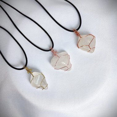 Quartz wire wrapped pendant in gold, rose gold or copper.
