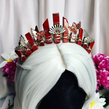 Oriental crown with red jasper, fan and butterflies in silver or gold.