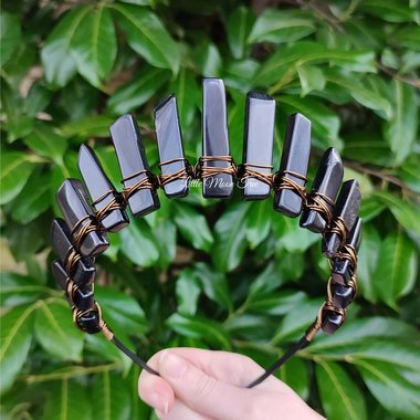 Anubis crown with black agate wire wrapped onto a headband.