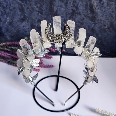 Arwen Crown with quartz, silver moon and leaves.