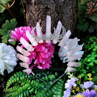 Isis Goddess crown with rose quartz and silver filigree moons.