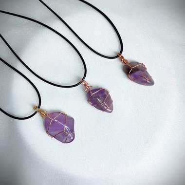 Amethyst wire wrapped pendant in gold, rose gold or copper.