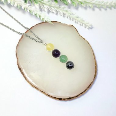 Sobriety gemstone pendant with citrine, amethyst, fluorite, hematite and chain or cord.