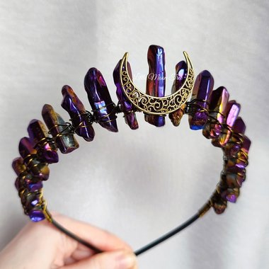 Mystique crystal crown featuring purple titanium quartz with a filigree moon in bronze, silver or gold.