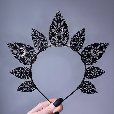 Luna Halo Crown with black filigree teardrops and silver moons.