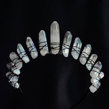 Angel Dust Crown featuring angel aura quartz wire wrapped onto a black headband.