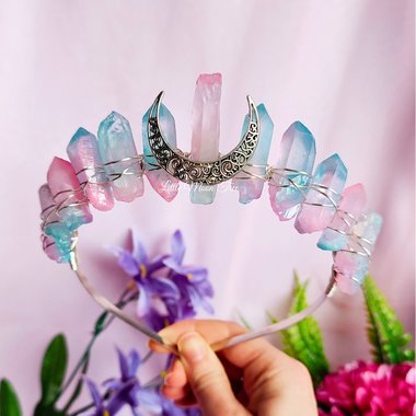 Moon Candy crown with pink and blue titanium quartz and silver moon.