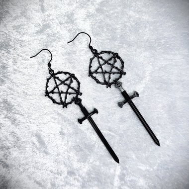 Black pentacle and sword earrings.