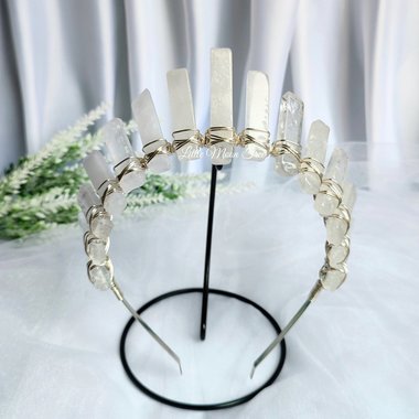 Quartz queen crown with clear quartz wire wrapped onto a silver headband.