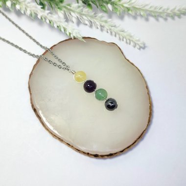 Sobriety gemstone pendant with citrine, amethyst, fluorite, hematite and chain or cord.