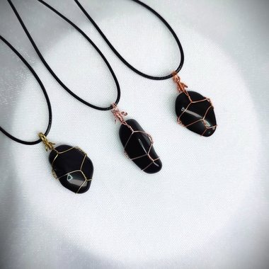 Obsidian wire wrapped pendant in gold, rose gold or copper.