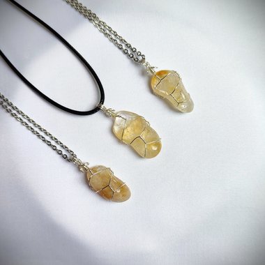Citrine wire wrapped pendant in gold, rose gold or copper with cord.