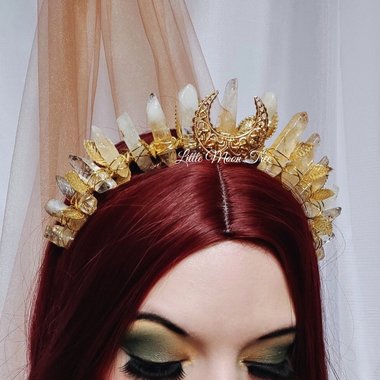 Empress Crown with citrine, gold filigree moon and gold leaf ribbon.
