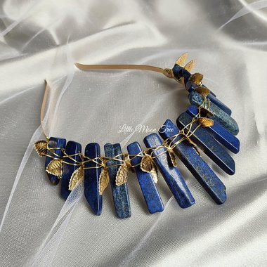 Theia crown with lapis lazuli and gold leaf ribbon.